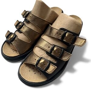 FLY FLOT Sandals Size 38 Gold 3 Straps Buckles Open Baclk & Toe Leather Insole